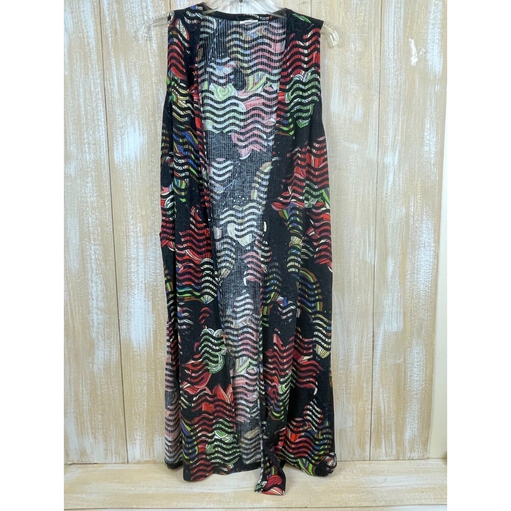 LuLaRoe Joy Open Front Vest Size XS Black Floral Multicolor Wavy Stripe